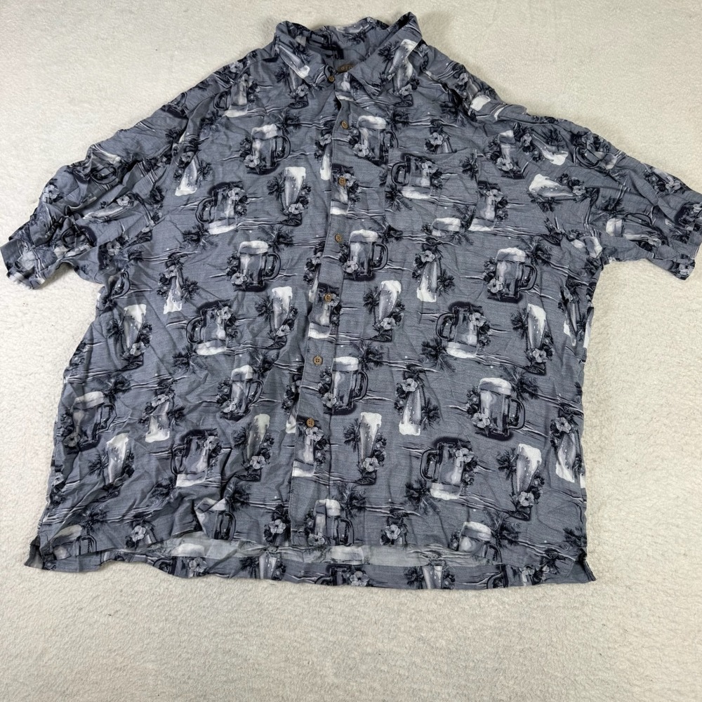 George Button Down Shirt Mens 3XL Grey Good Beer Mug Palm Tree Rayon Hawaiian